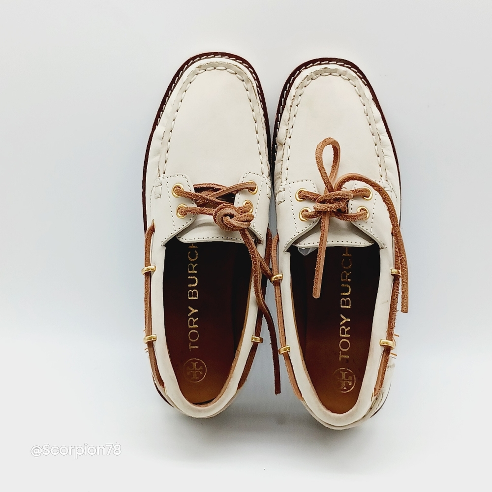 🔥 Last Call Tory Burch Joey Flat Form Boat  Nubuck Shoes 63759 Size 5 Women - Picture 6 of 11